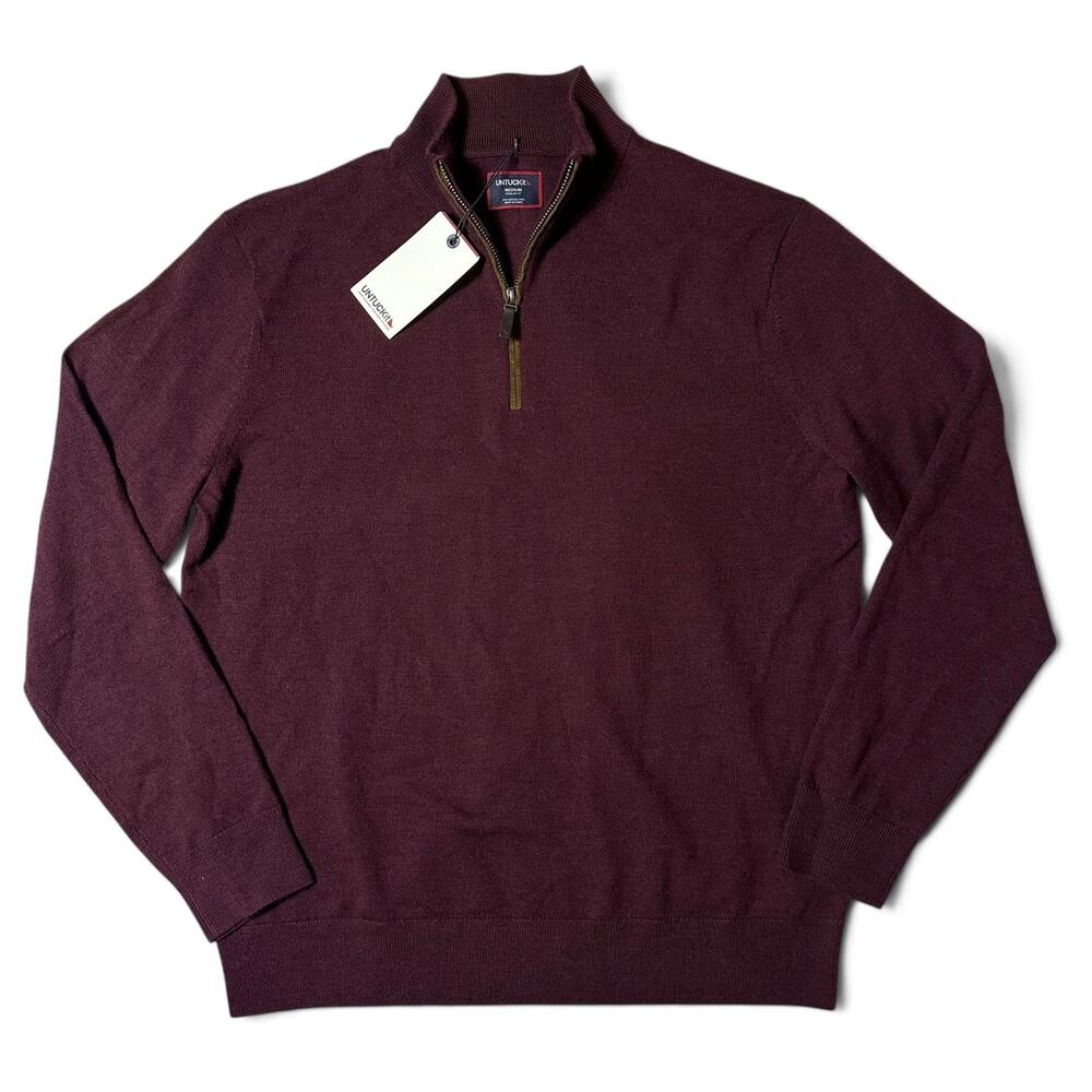 UNTUCKit Belguardo w Suede Merino Wool 1/2 Zip Sweater Mens Size M Maroon NWT
